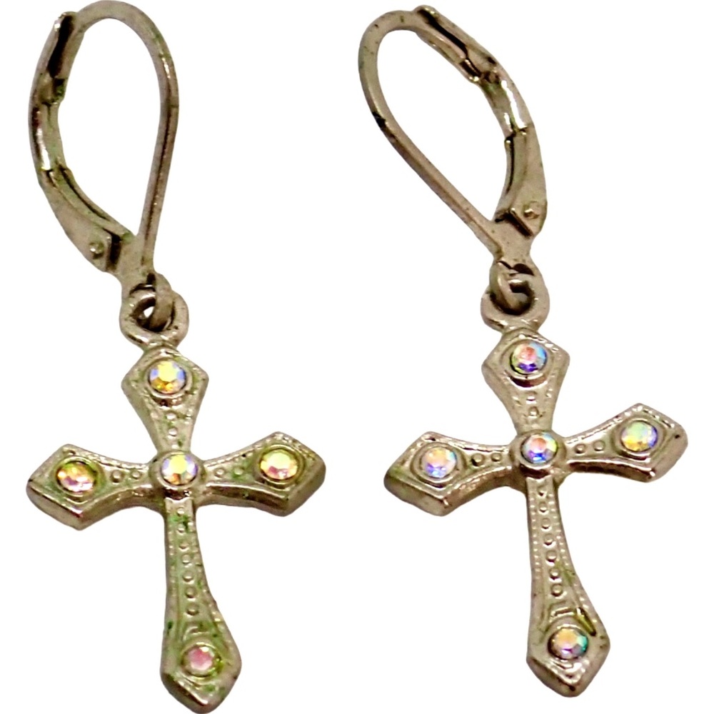 Silver Tone AURORA BOREALIS Drop Dangle Cross Leverback Earrings 2.20 grams